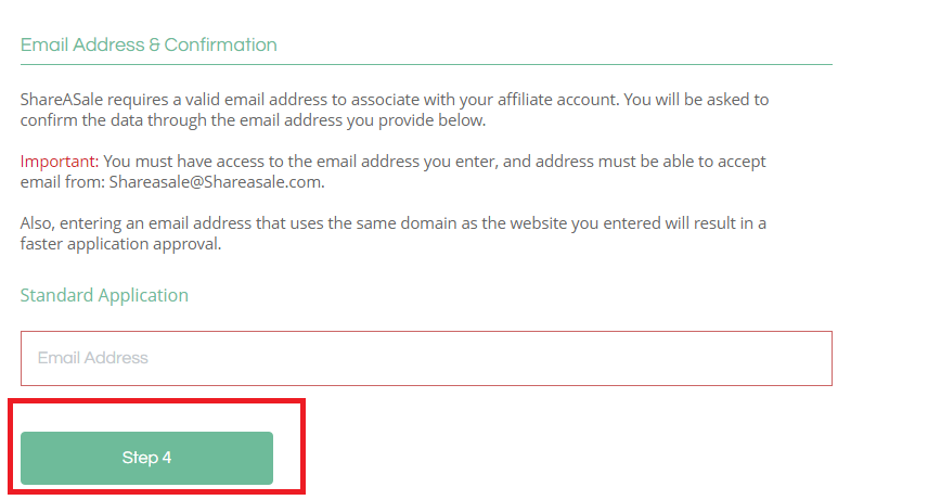 shareasale signup step4 - email address & confirmation