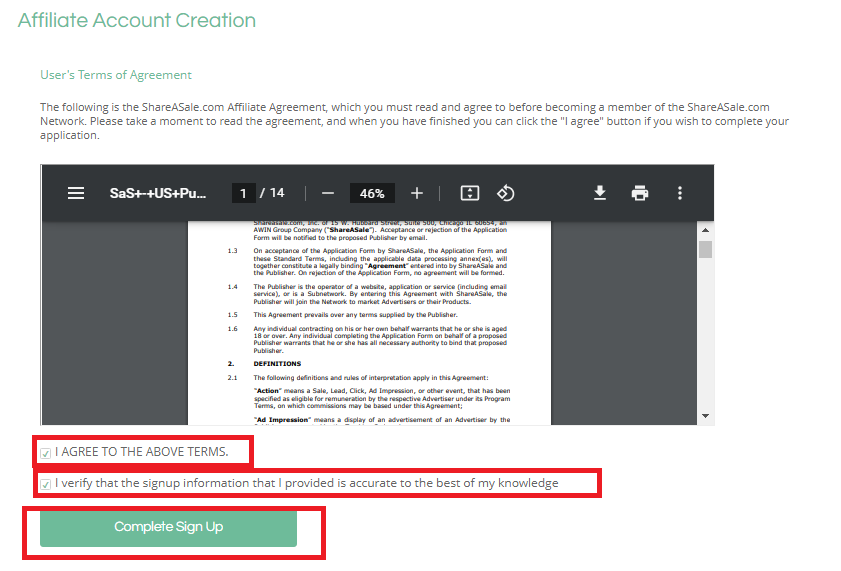 shareasale account creation- terms of agreement, final step