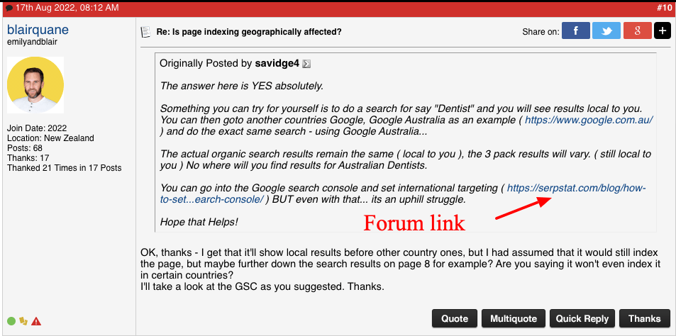 example of serpstat adding a link in forum post