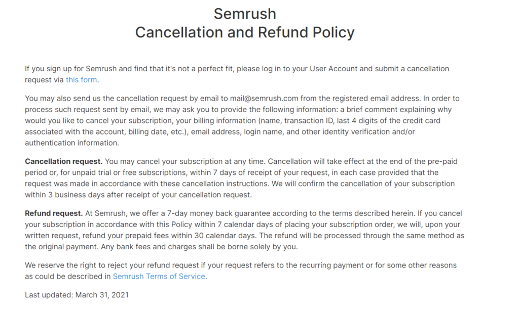 Semrush Cancellation and Refund Policy